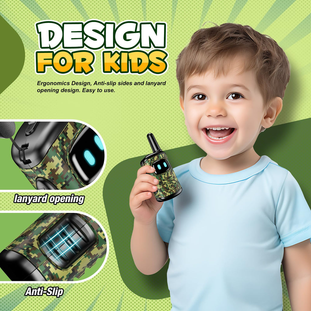 comedyfun Mini Robot Walkie Talkies for Kids 3-8 Years, 2 Pack, Green Camo, 1000ft Range, Lightweight Toy