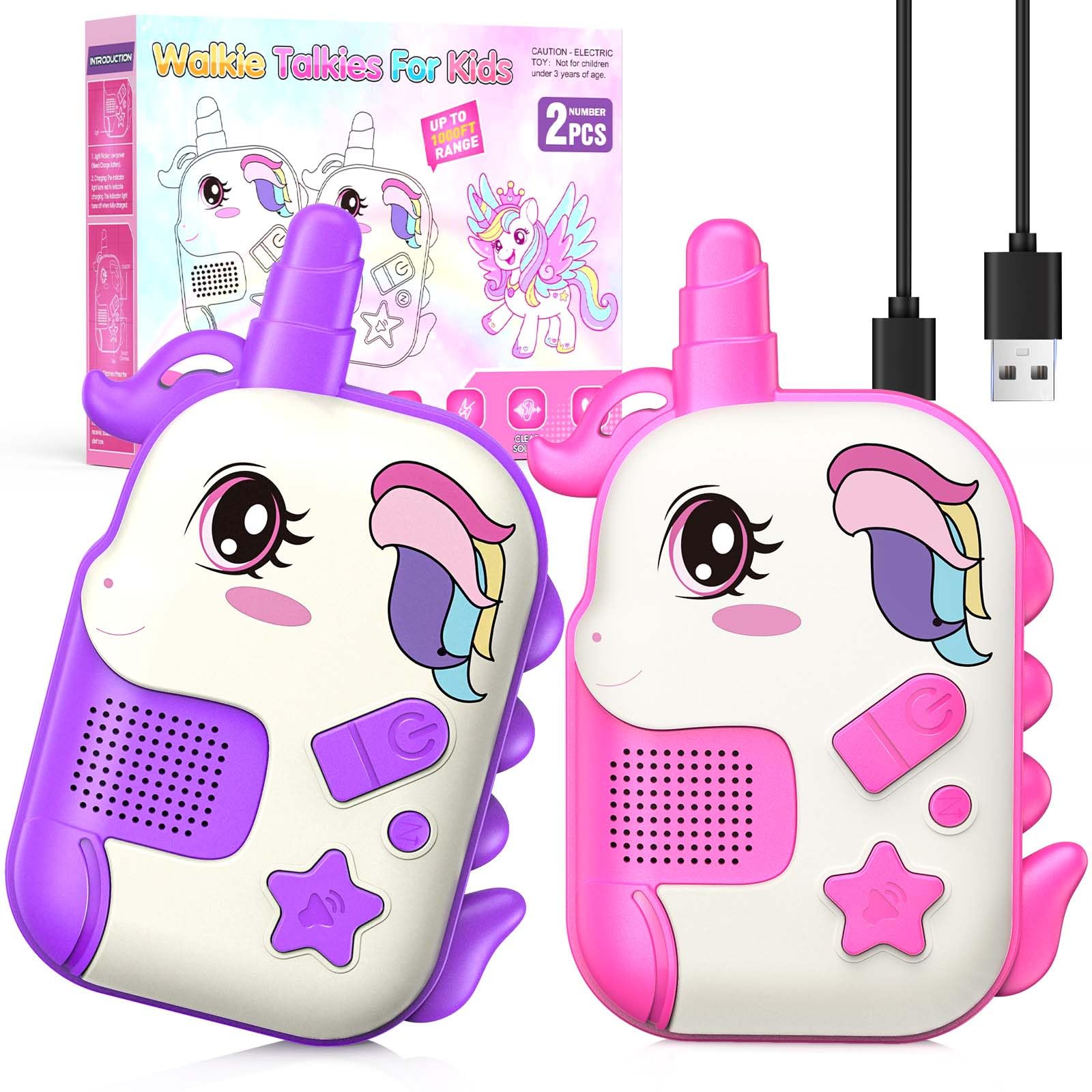 comedyfun Unicorn Rechargeable Walkie Talkies for Kids: 2-Pack Pink Purple, 2 Channels, 1000 ft Range, Lightweight, Gift for Girls Ages 3-7