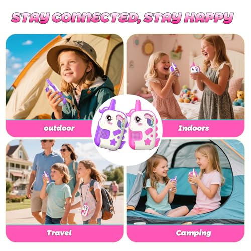 comedyfun Unicorn Rechargeable Walkie Talkies for Kids: 2-Pack Pink Purple, 2 Channels, 1000 ft Range, Lightweight, Gift for Girls Ages 3-7