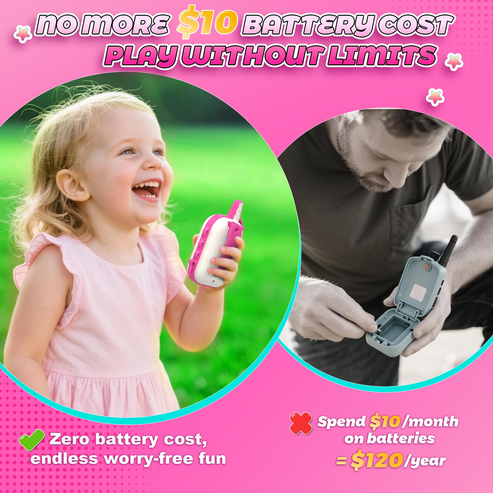 comedyfun Unicorn Rechargeable Walkie Talkies for Kids: 2-Pack Pink Purple, 2 Channels, 1000 ft Range, Lightweight, Gift for Girls Ages 3-7