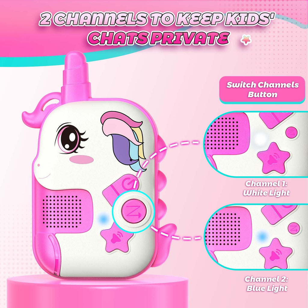 comedyfun Unicorn Rechargeable Walkie Talkies for Kids: 2-Pack Pink Purple, 2 Channels, 1000 ft Range, Lightweight, Gift for Girls Ages 3-7