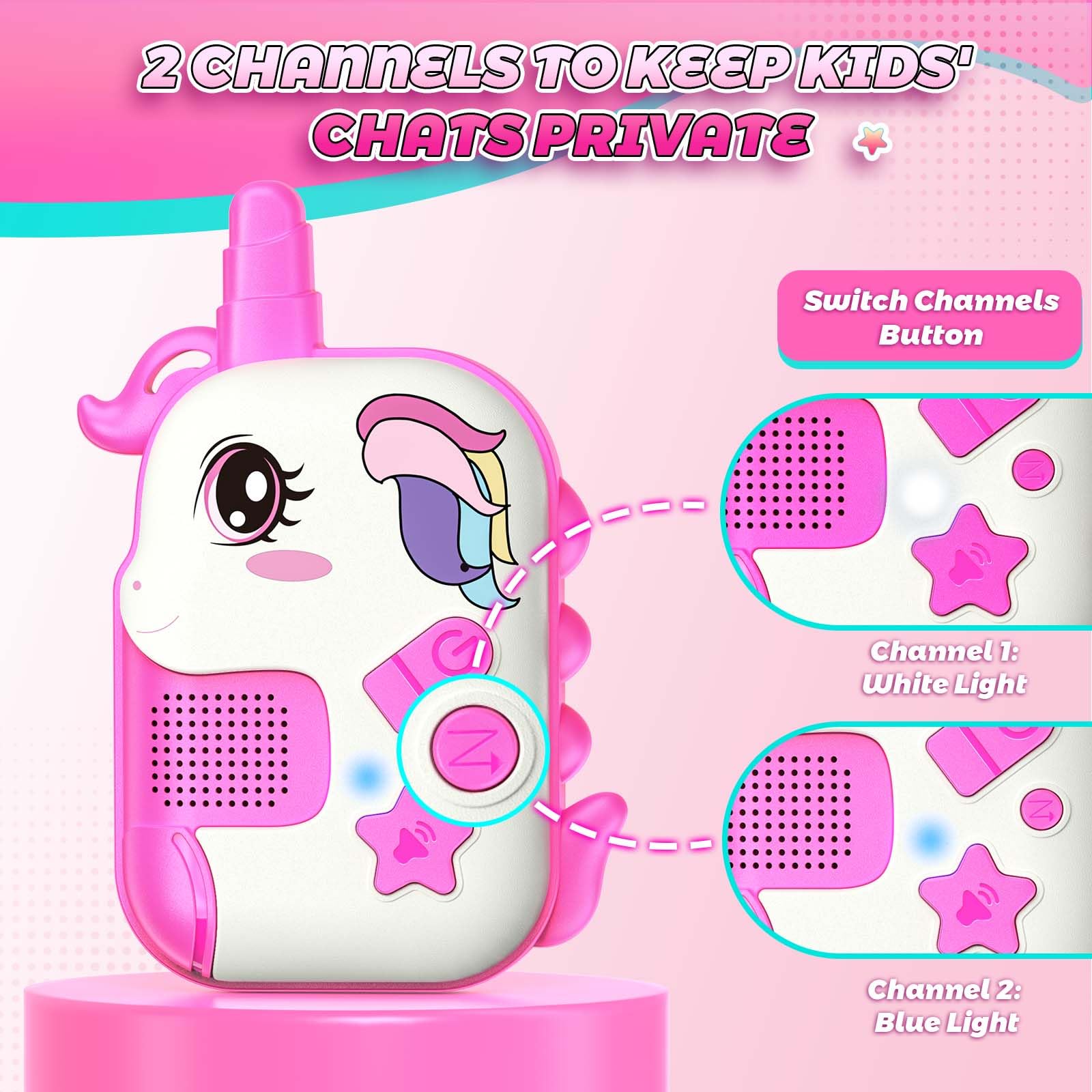 comedyfun Unicorn Rechargeable Walkie Talkies for Kids: 2-Pack Pink Purple, 2 Channels, 1000 ft Range, Lightweight, Gift for Girls Ages 3-7