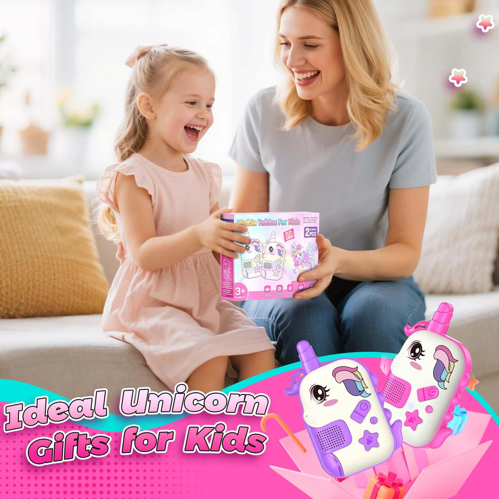 comedyfun Unicorn Rechargeable Walkie Talkies for Kids: 2-Pack Pink Purple, 2 Channels, 1000 ft Range, Lightweight, Gift for Girls Ages 3-7