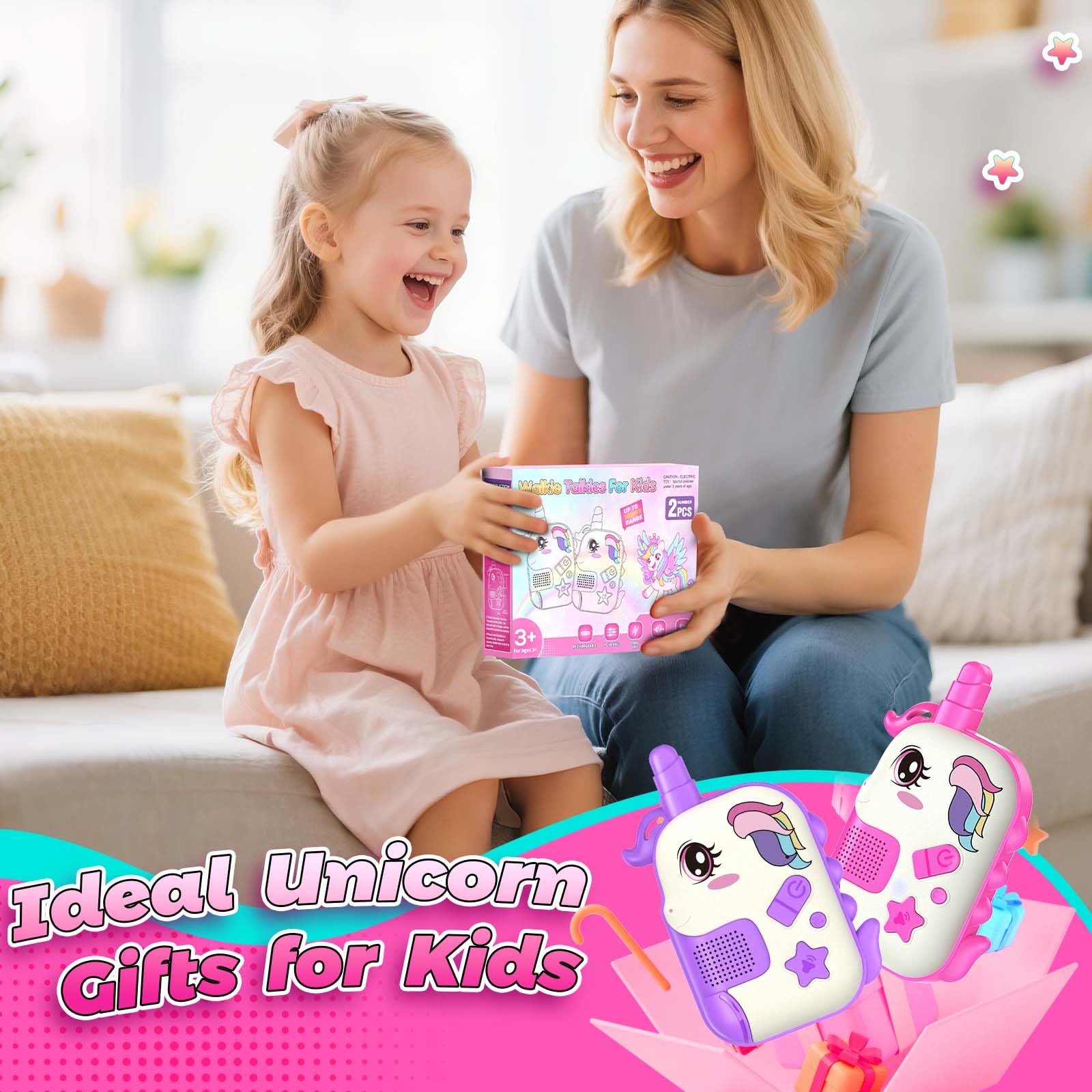 comedyfun Unicorn Rechargeable Walkie Talkies for Kids: 2-Pack Pink Purple, 2 Channels, 1000 ft Range, Lightweight, Gift for Girls Ages 3-7