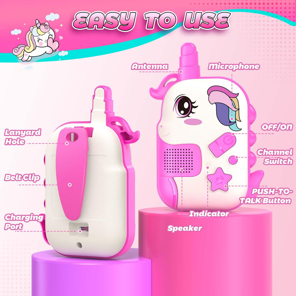 comedyfun Unicorn Rechargeable Walkie Talkies for Kids: 2-Pack Pink Purple, 2 Channels, 1000 ft Range, Lightweight, Gift for Girls Ages 3-7