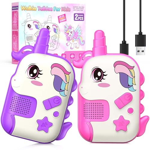 comedyfun Unicorn Rechargeable Walkie Talkies for Kids: 2-Pack Pink Purple, 2 Channels, 1000 ft Range, Lightweight, Gift for Girls Ages 3-7