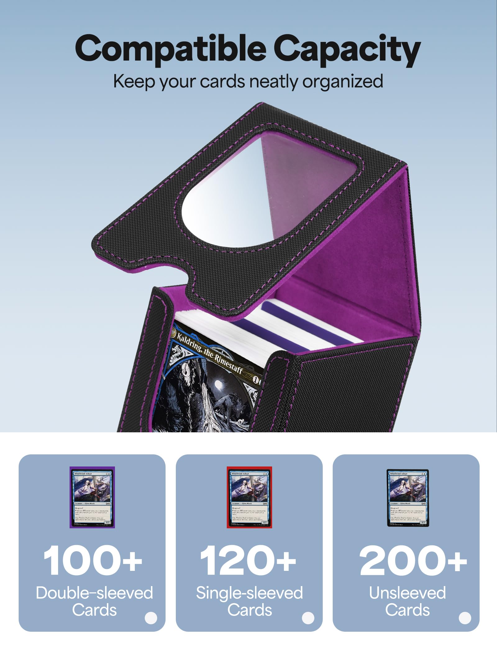 Commander Deck Box with Front Display Window – Holds 100+ Double-Sleeved Cards (Black & Purple)