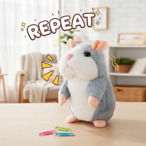 Comnonage Talking Hamster Plush Toy - Repeats What You Say, Interactive Speech Toy for Toddlers, Gray