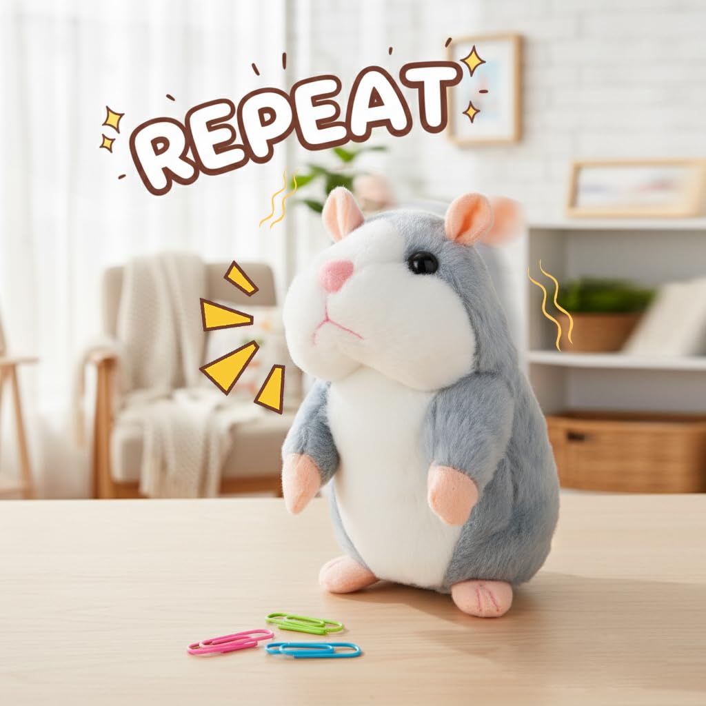Comnonage Talking Hamster Plush Toy - Repeats What You Say, Interactive Speech Toy for Toddlers, Gray