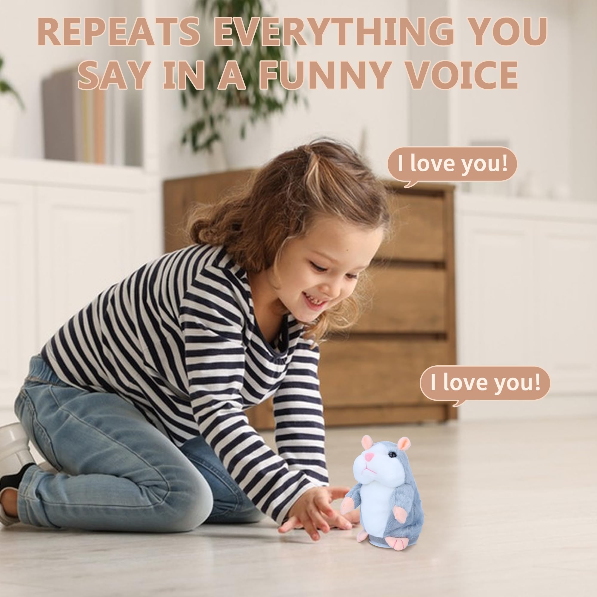 Comnonage Talking Hamster Plush Toy - Repeats What You Say, Interactive Speech Toy for Toddlers, Gray