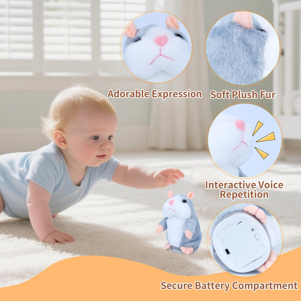 Comnonage Talking Hamster Plush Toy - Repeats What You Say, Interactive Speech Toy for Toddlers, Gray