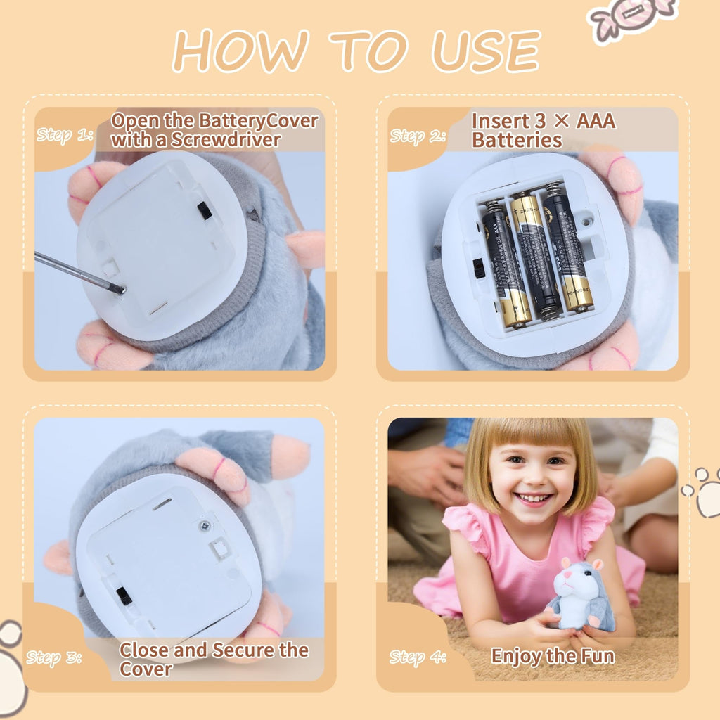 Comnonage Talking Hamster Plush Toy - Repeats What You Say, Interactive Speech Toy for Toddlers, Gray