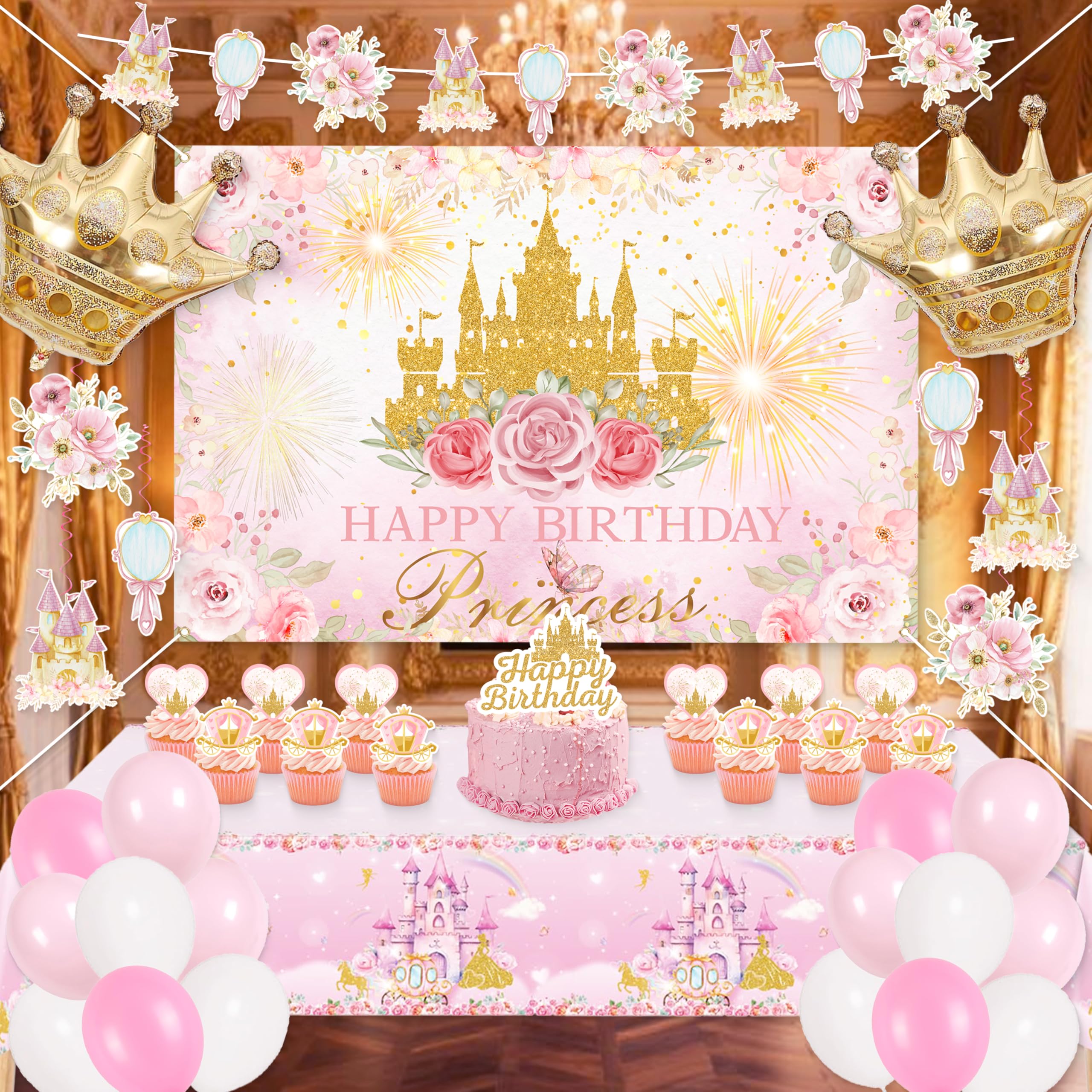 Complete Princess Birthday Decorations Set by Jenlion – Includes Backdrop, Banner, Foil Balloons & Tablecloth
