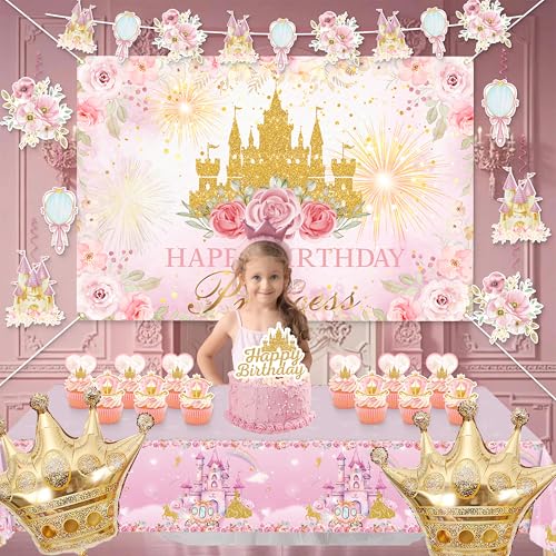 Complete Princess Birthday Decorations Set by Jenlion – Includes Backdrop, Banner, Foil Balloons & Tablecloth