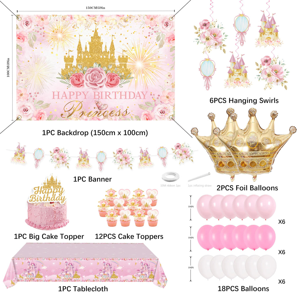 Complete Princess Birthday Decorations Set by Jenlion – Includes Backdrop, Banner, Foil Balloons & Tablecloth