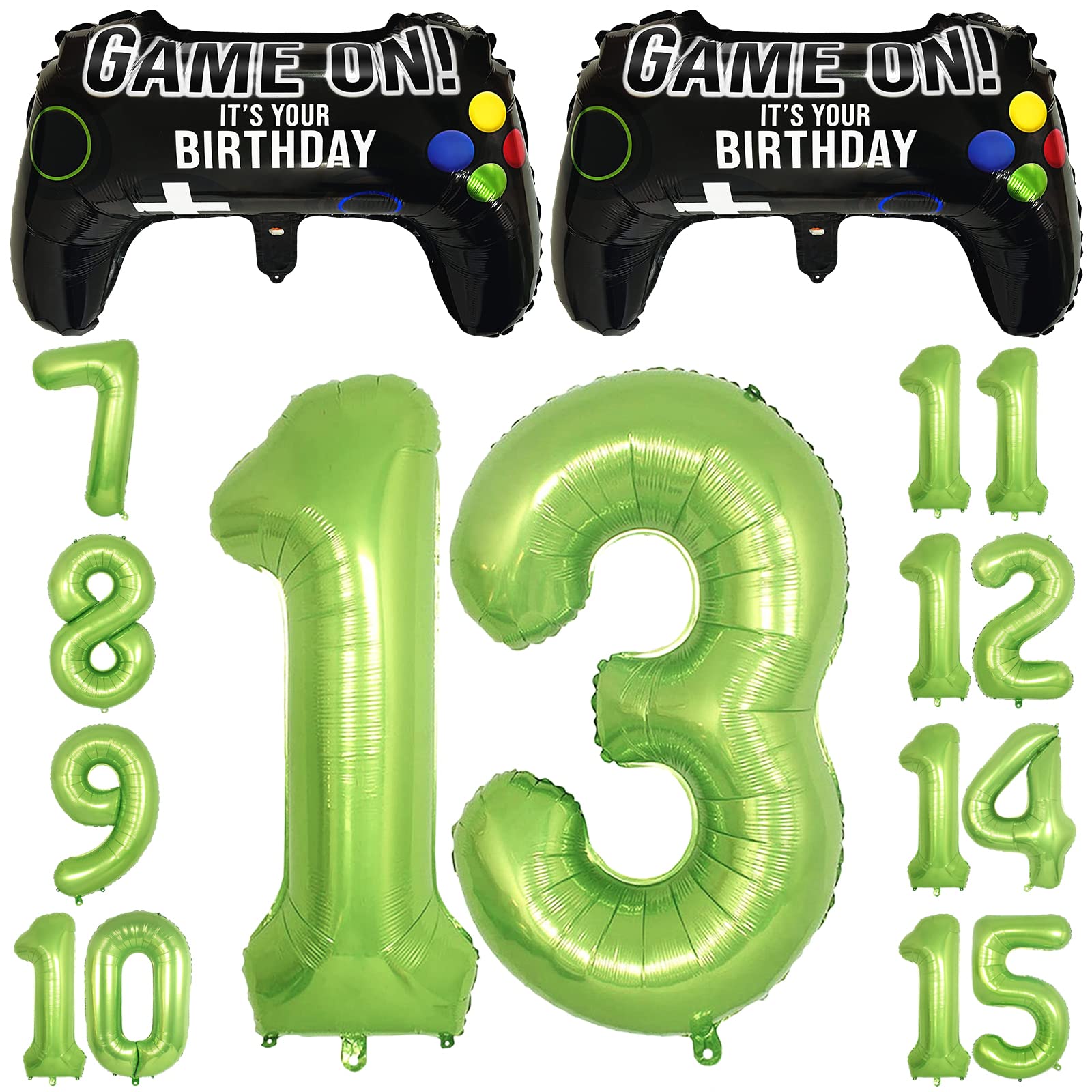 CON GRADS Video Game Party Balloons for 13th Birthday - 2 Game Controller Mylar Balloons + Green Number 13