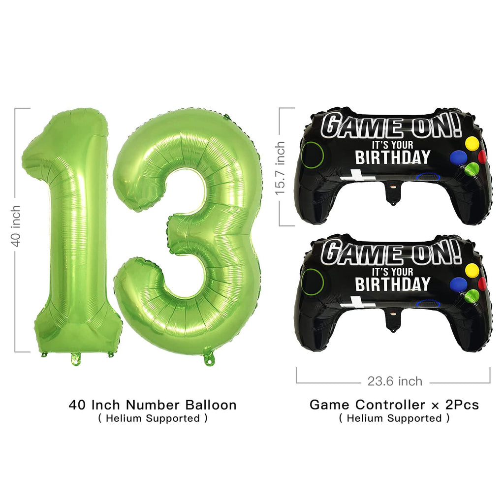 CON GRADS Video Game Party Balloons for 13th Birthday - 2 Game Controller Mylar Balloons + Green Number 13
