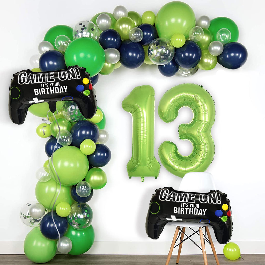 CON GRADS Video Game Party Balloons for 13th Birthday - 2 Game Controller Mylar Balloons + Green Number 13