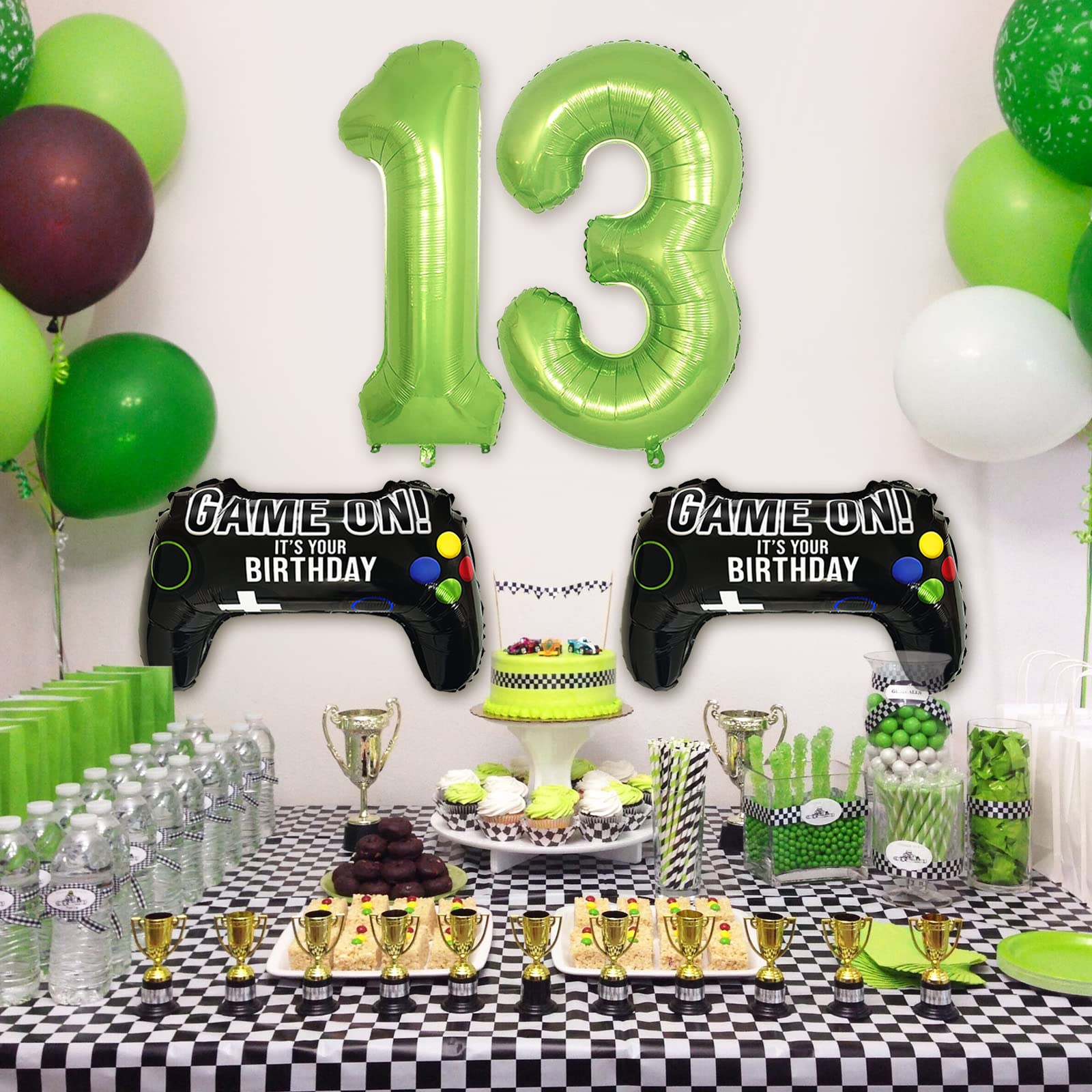 CON GRADS Video Game Party Balloons for 13th Birthday - 2 Game Controller Mylar Balloons + Green Number 13