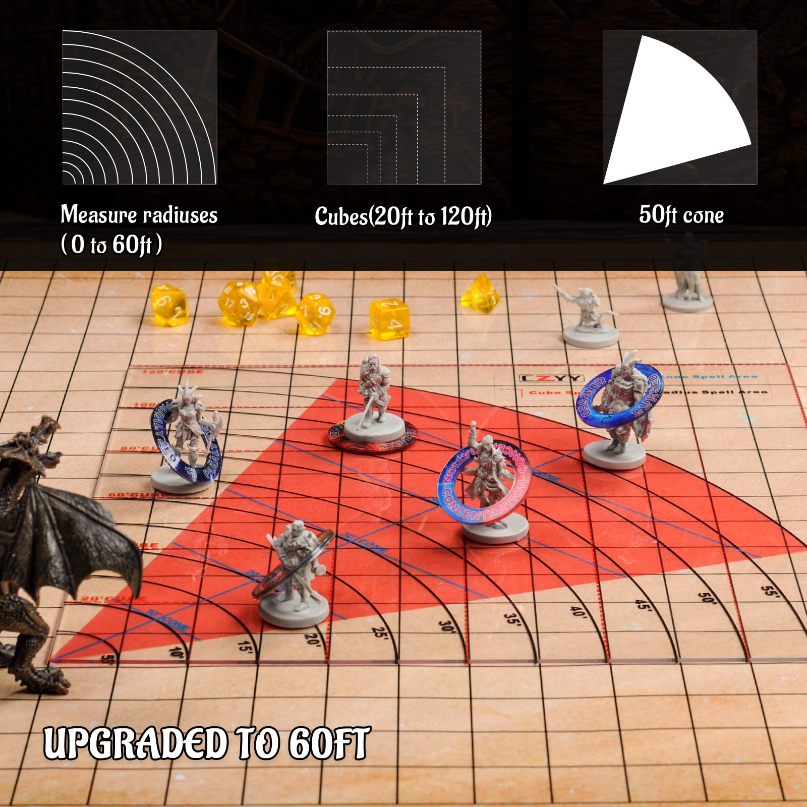 Cone Spell AOE Template - Acrylic Areas of Effect Damage Markers for D&D, TTRPGs - 60ft Range by CZYY
