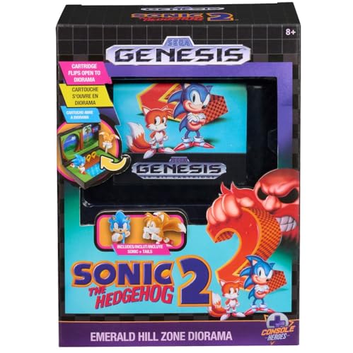 Console Heroes Sonic 2 Diorama Playset: Sonic & Tails Figures, Emerald Hill Zone Scene (Retro Genesis Cartridge)