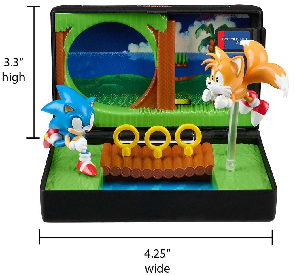 Console Heroes Sonic 2 Diorama Playset: Sonic & Tails Figures, Emerald Hill Zone Scene (Retro Genesis Cartridge)