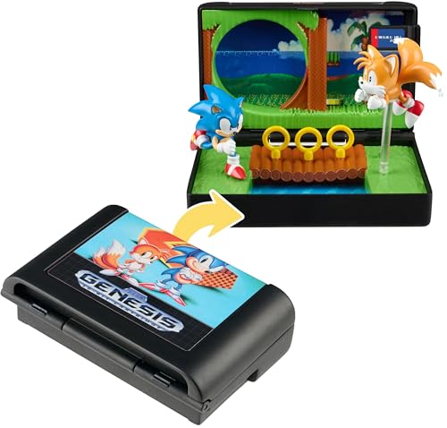 Console Heroes Sonic 2 Diorama Playset: Sonic & Tails Figures, Emerald Hill Zone Scene (Retro Genesis Cartridge)