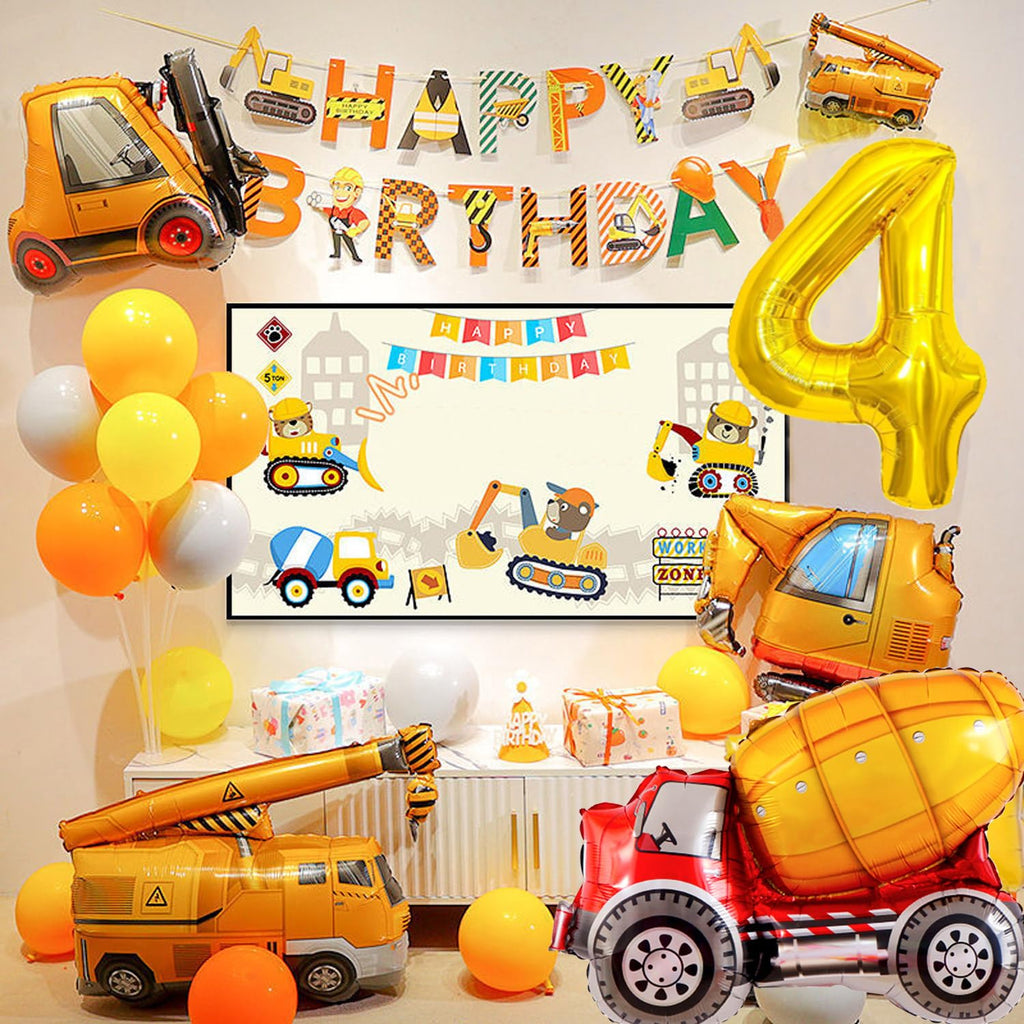 Construction Birthday Balloon Garland Kit with Excavator Theme – 32-Inch Number 4 Foil Balloon & Cake Decor
