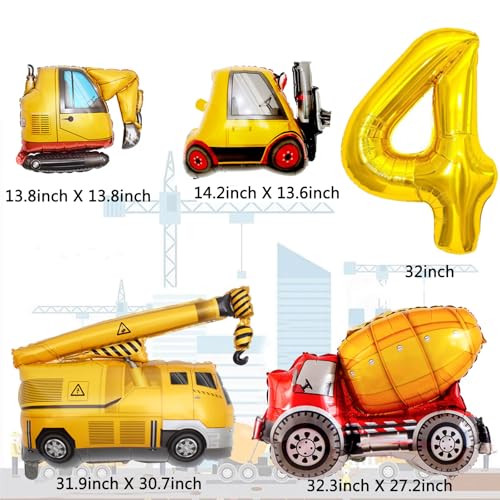 Construction Birthday Balloon Garland Kit with Excavator Theme – 32-Inch Number 4 Foil Balloon & Cake Decor