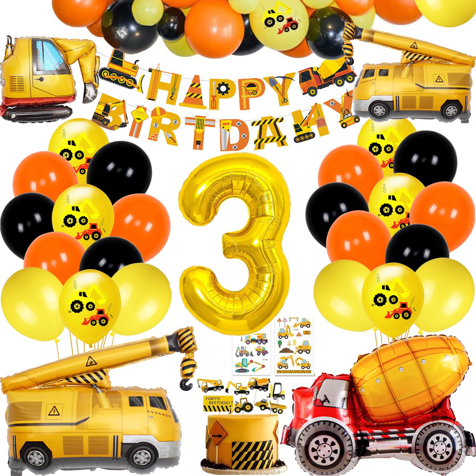 Construction Birthday Party Balloon Set for 3-Year-Old Boy – Excavator Theme with Foil Number 3 and Vehicle Balloons