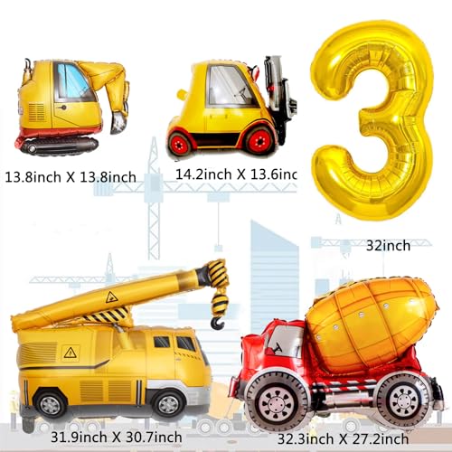 Construction Birthday Party Balloon Set for 3-Year-Old Boy – Excavator Theme with Foil Number 3 and Vehicle Balloons
