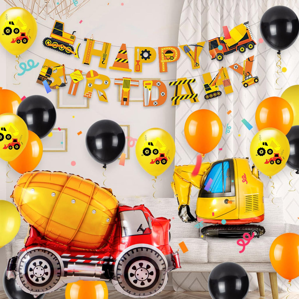 Construction Birthday Party Balloon Set for 3-Year-Old Boy – Excavator Theme with Foil Number 3 and Vehicle Balloons