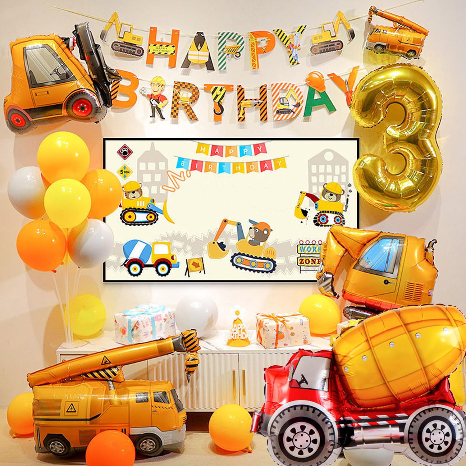 Construction Birthday Party Balloon Set for 3-Year-Old Boy – Excavator Theme with Foil Number 3 and Vehicle Balloons