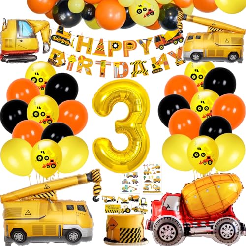 Construction Birthday Party Balloon Set for 3-Year-Old Boy – Excavator Theme with Foil Number 3 and Vehicle Balloons