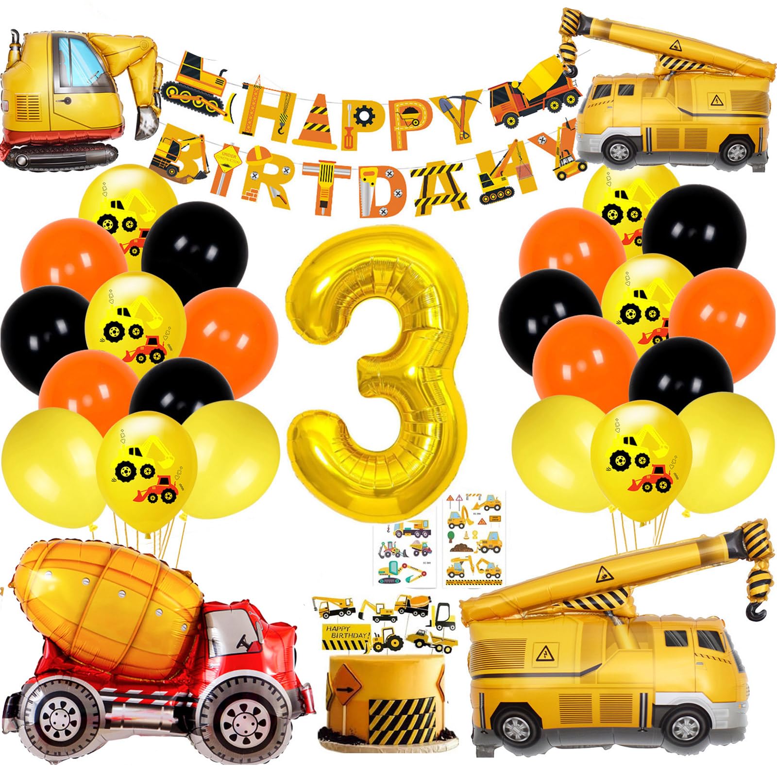 Construction Birthday Party Supplies Kit - Cobesyood 3-Year-Old Theme with Foil Balloons and Decorations