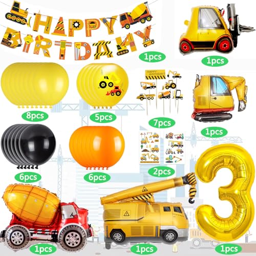 Construction Birthday Party Supplies Kit - Cobesyood 3-Year-Old Theme with Foil Balloons and Decorations