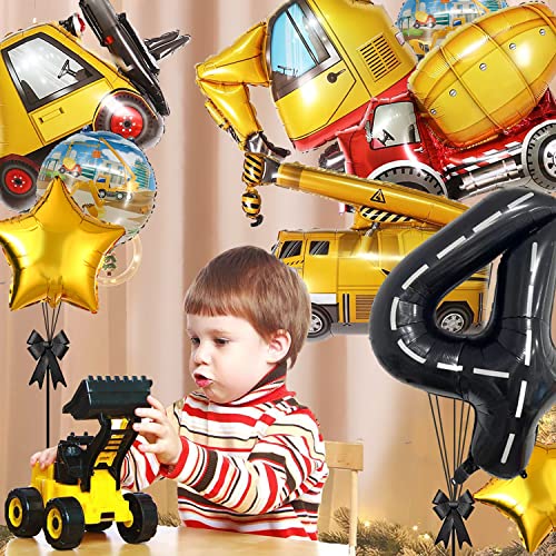 Construction Truck Balloon Set for 4th Birthday Party - 9 Foil Balloons with Excavator, Forklift, Crane, and More