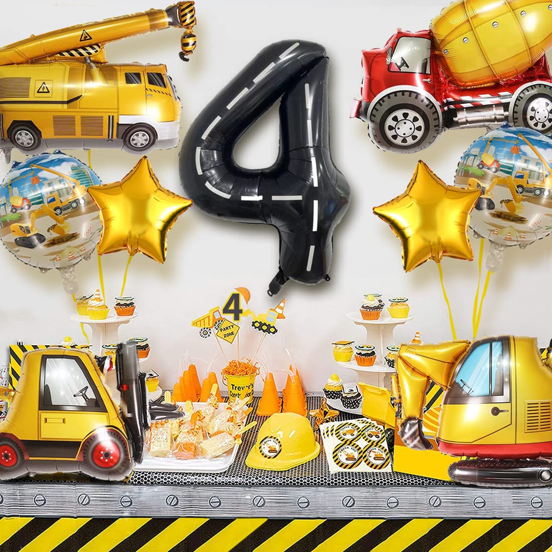 Construction Truck Balloon Set for 4th Birthday Party - 9 Foil Balloons with Excavator, Forklift, Crane, and More