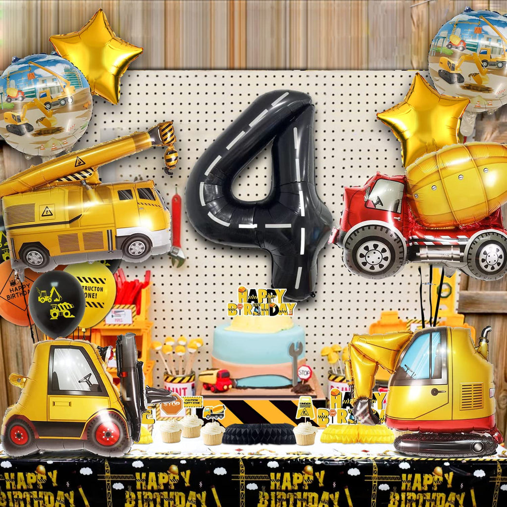 Construction Truck Balloon Set for 4th Birthday Party - 9 Foil Balloons with Excavator, Forklift, Crane, and More