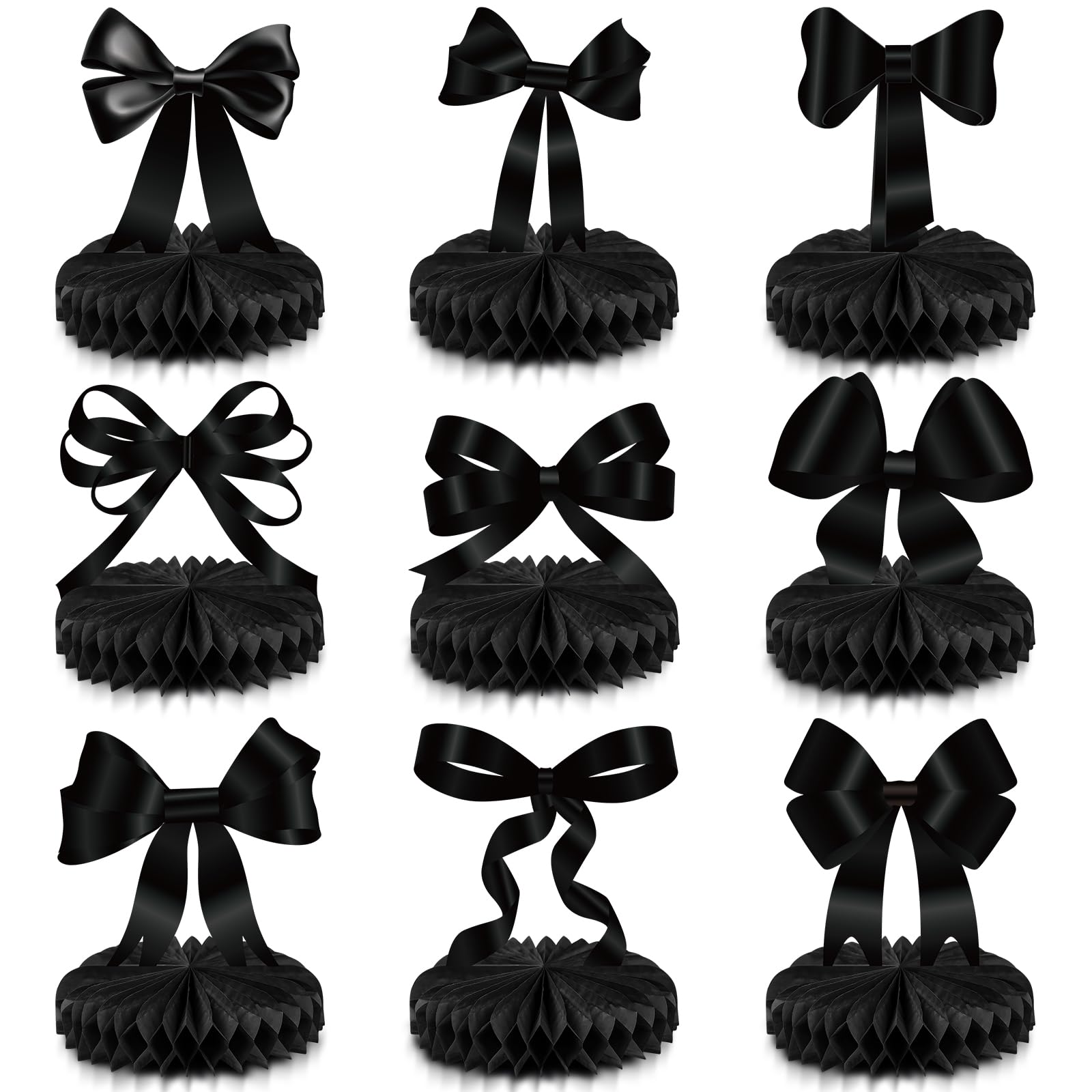 Containlol 9-Piece Black Bow Party Decorations with Honeycomb Centerpieces for Birthday, Bachelorette, Bridal Shower