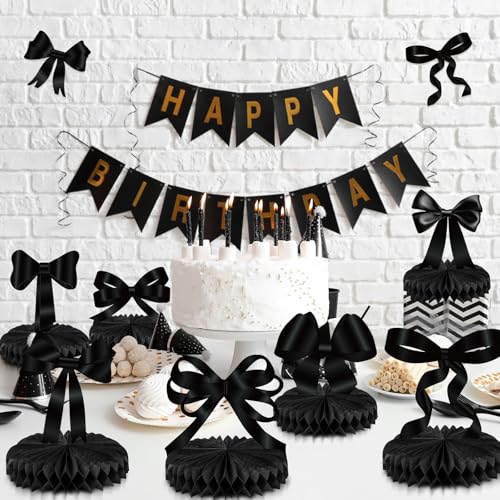 Containlol 9-Piece Black Bow Party Decorations with Honeycomb Centerpieces for Birthday, Bachelorette, Bridal Shower