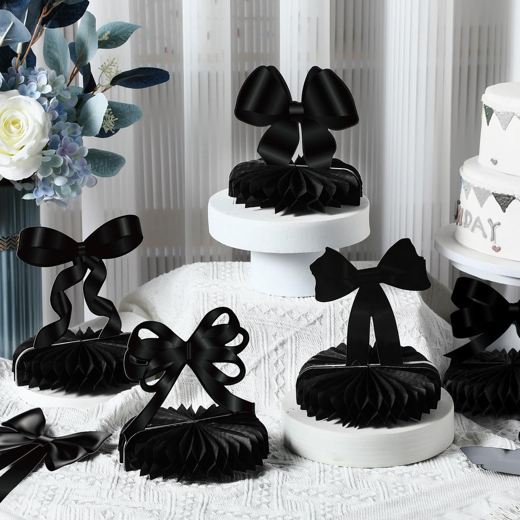 Containlol 9-Piece Black Bow Party Decorations with Honeycomb Centerpieces for Birthday, Bachelorette, Bridal Shower