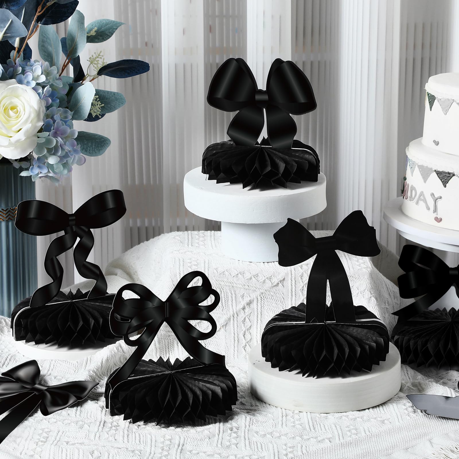 Containlol 9-Piece Black Bow Party Decorations with Honeycomb Centerpieces for Birthday, Bachelorette, Bridal Shower