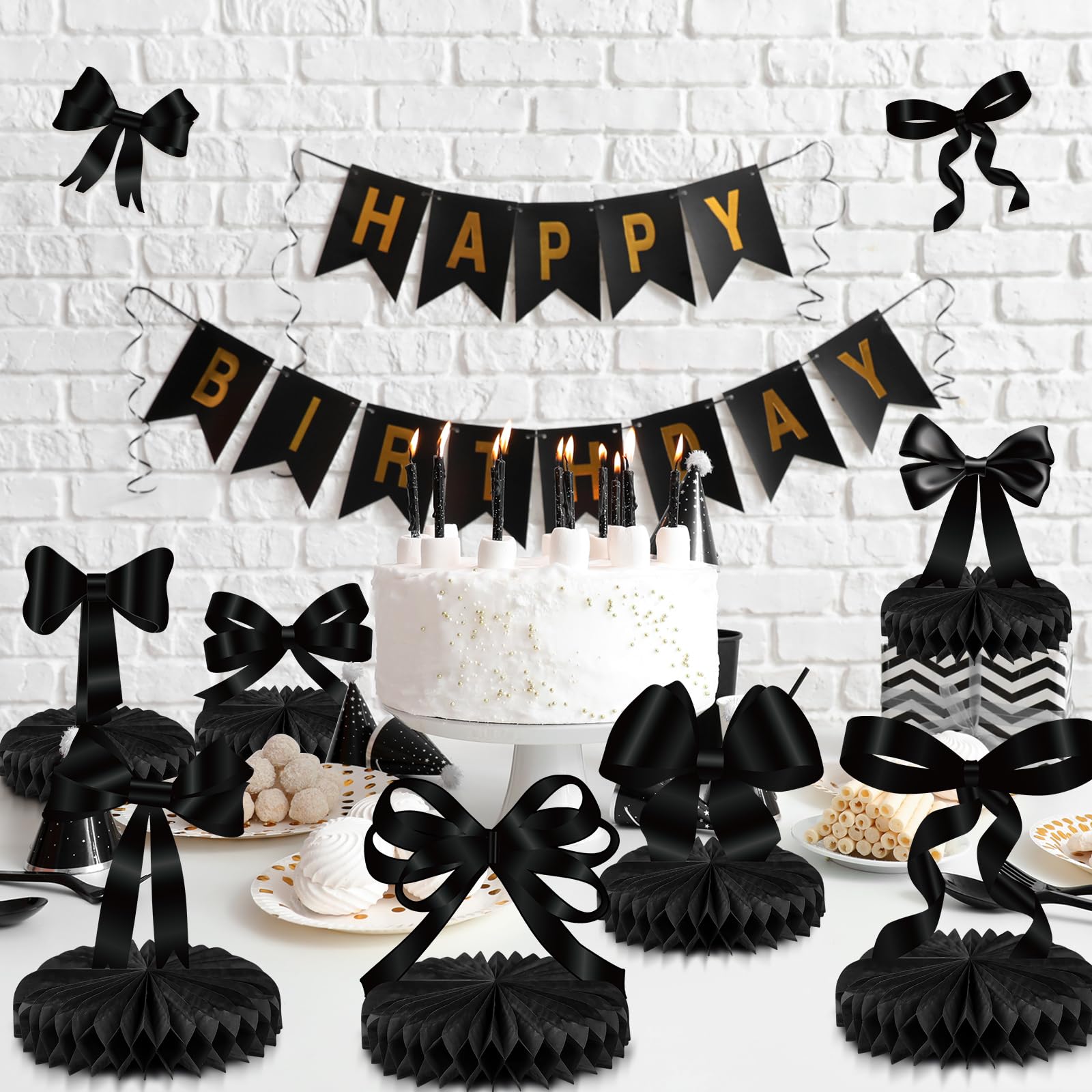 Containlol 9-Piece Black Bow Party Decorations with Honeycomb Centerpieces for Birthday, Bachelorette, Bridal Shower