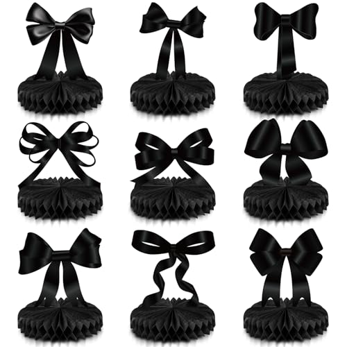 Containlol 9-Piece Black Bow Party Decorations with Honeycomb Centerpieces for Birthday, Bachelorette, Bridal Shower
