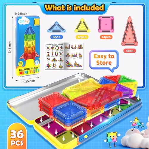 Coodoo 36-Piece Magnetic Tiles Travel Set – Mini STEM Building Blocks for On-the-Go Fun