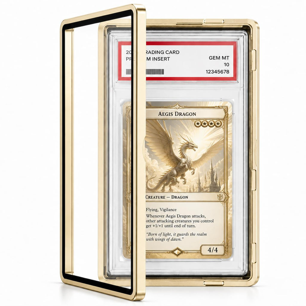 Coolbyl Aluminum Graded Card Slab Protector - Magnetic Closure, UV-Tempered Glass, Gold Finish