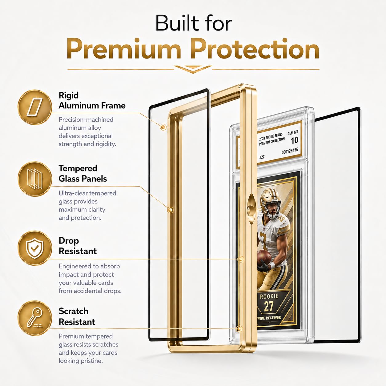 Coolbyl Aluminum Graded Card Slab Protector - Magnetic Closure, UV-Tempered Glass, Gold Finish