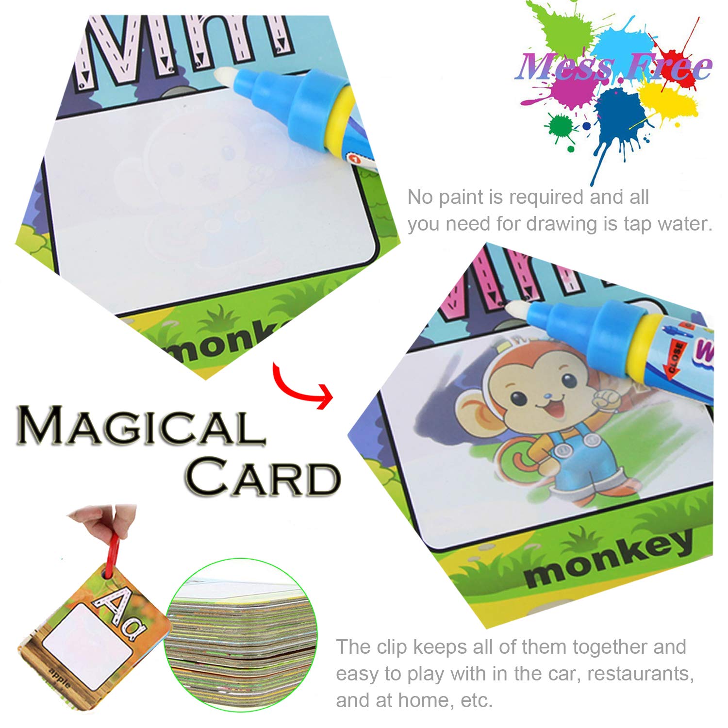 Coolplay A-Z 26 Alphabet Water Cards - Reusable Water Drawing Cards for Kids, Educational Travel Toy with 2 Magic Pens