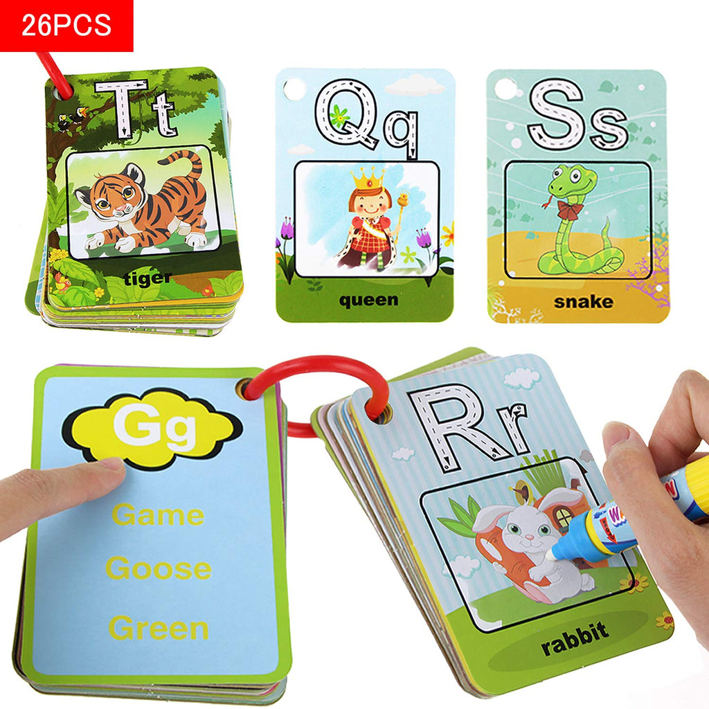 Coolplay A-Z 26 Alphabet Water Cards - Reusable Water Drawing Cards for Kids, Educational Travel Toy with 2 Magic Pens